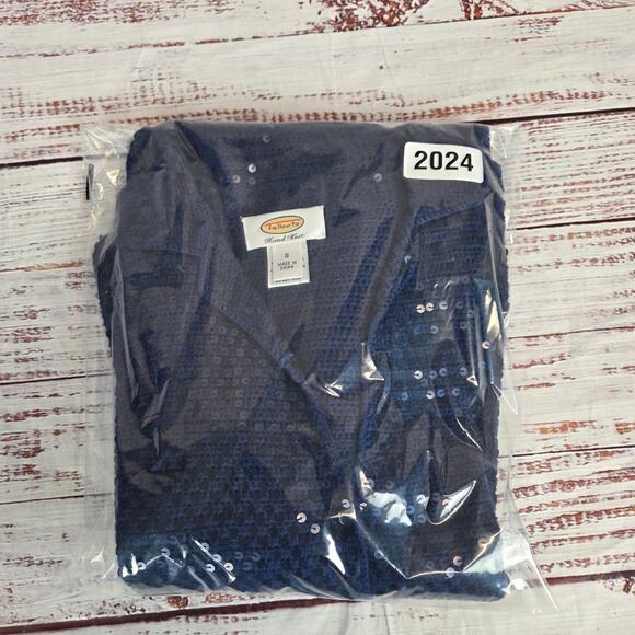 Talbots Hand Knit Sequin Cardigan S Navy Blue Silk Cotton Button Sparkle Sweater - Picture 12 of 12